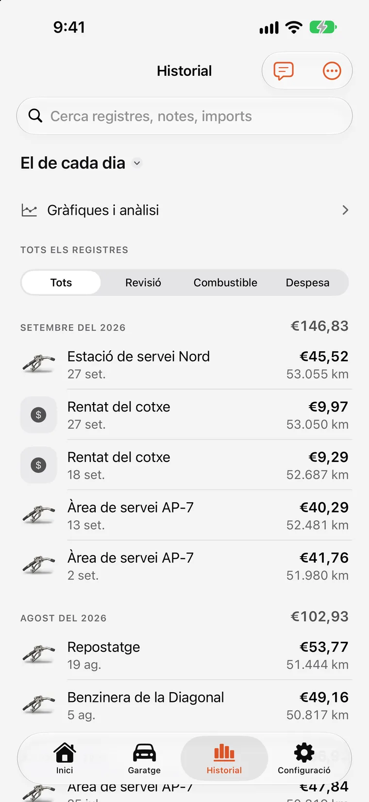 Gràfics de SteerLog: barres de despesa mensual i línia de tendència del consum construïdes amb les entrades registrades.