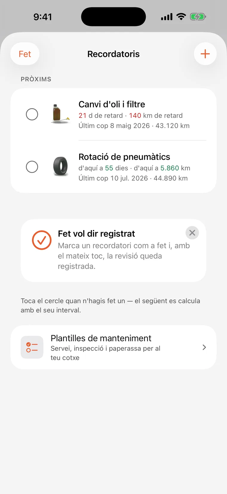 Recordatoris de SteerLog: canvi d'oli i filtre i rotació de pneumàtics, cadascun amb un compte enrere en dies i quilòmetres.