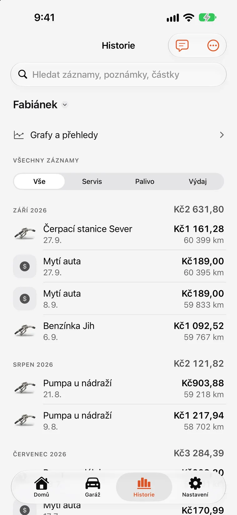 Grafy SteerLog: sloupce měsíčních výdajů a trend spotřeby postavené ze zapsaných záznamů.