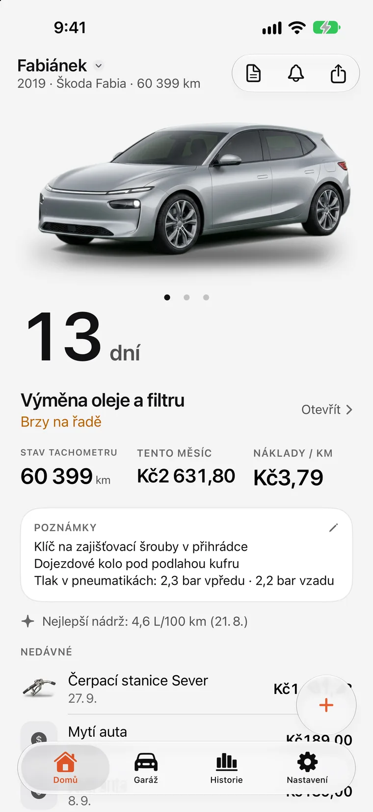 Domovská obrazovka SteerLog: velké odpočítávání do dalšího servisu — výměna oleje a filtru za 7 dní — nad autem, jeho tachometrem a nejnovějšími tankováními a servisy.