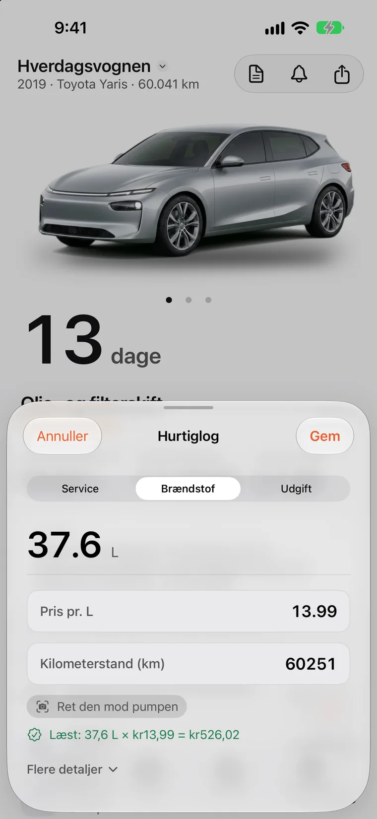 SteerLogs historik: tankninger, en opladning, hjulskifter og services i én liste, hver med dato, kilometerstand og pris.