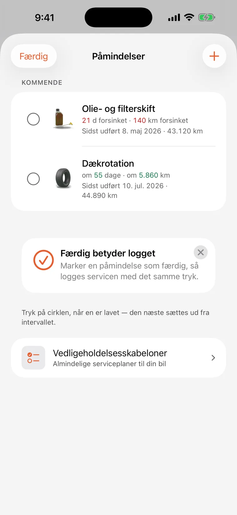SteerLogs påmindelser: olie- og filterskift og hjulskifte, hver med nedtælling i dage og kilometer.