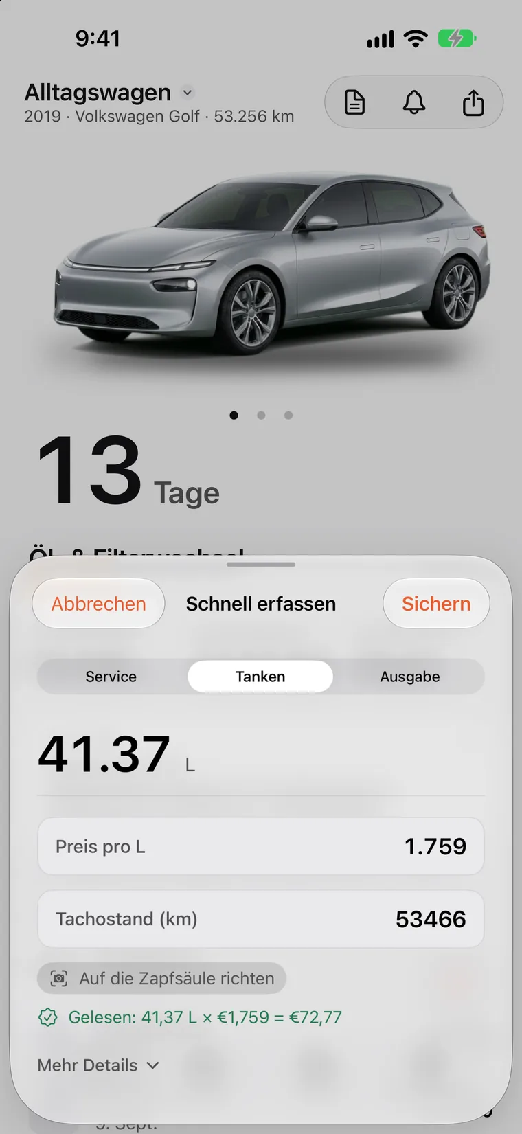 SteerLog-Verlauf: Tankfüllungen, ein Ladevorgang, Räderwechsel und Services in einer Liste, jeweils mit Datum, Kilometerstand und Kosten.