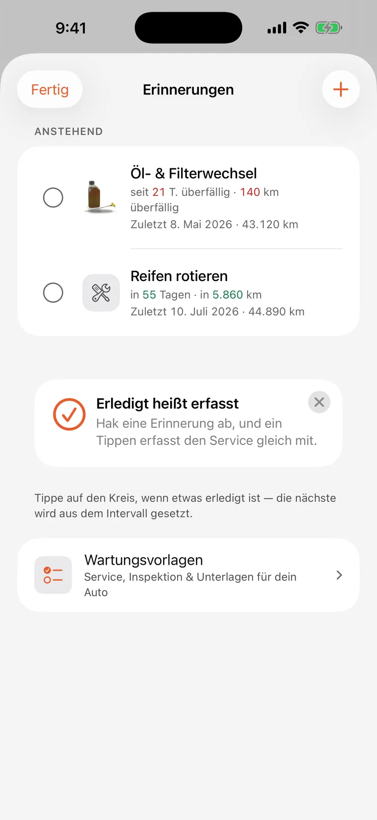 SteerLog-Erinnerungen: Öl- und Filterwechsel und Räderwechsel, jeweils mit Countdown in Tagen und Kilometern.