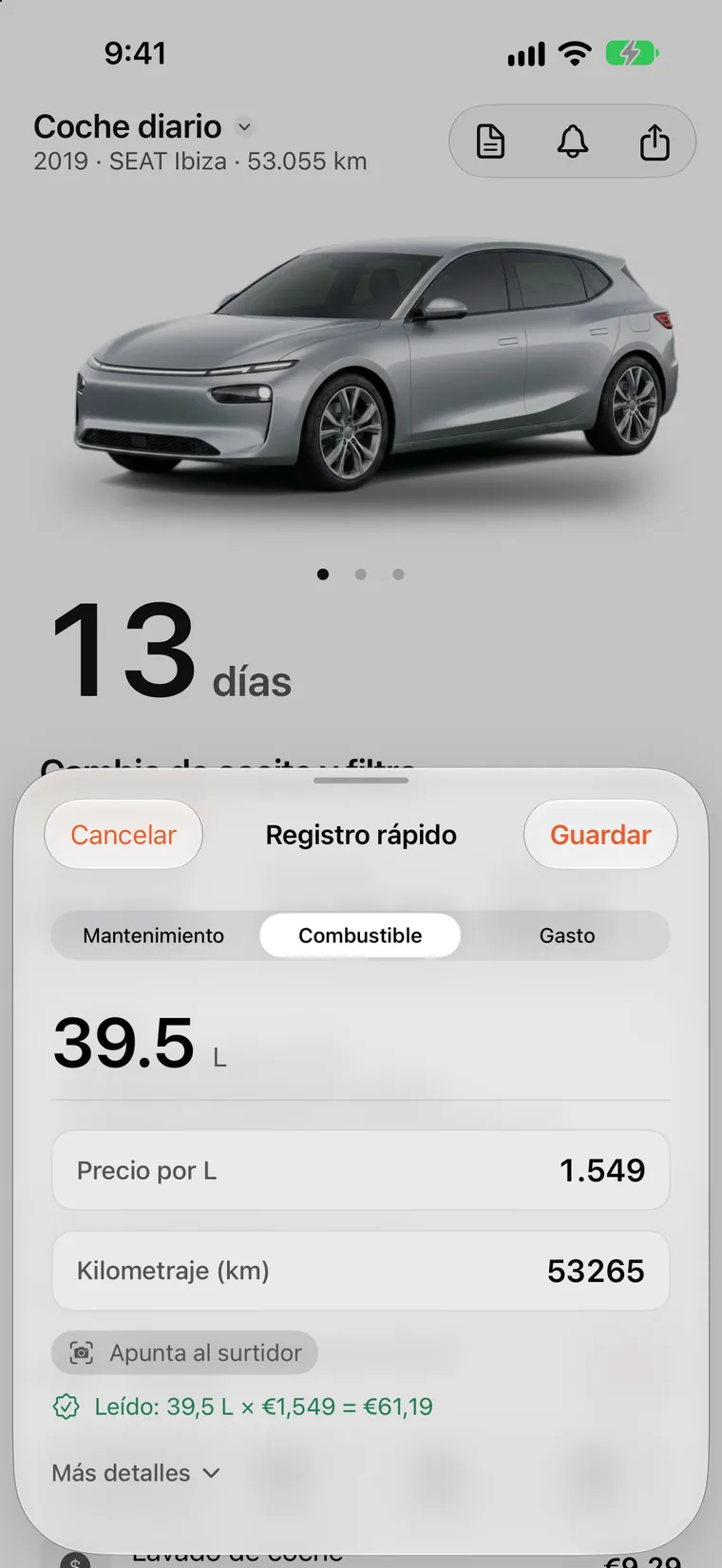 Historial de SteerLog: repostajes, una sesión de carga, rotaciones y revisiones en una sola lista, cada una con fecha, kilometraje y coste.