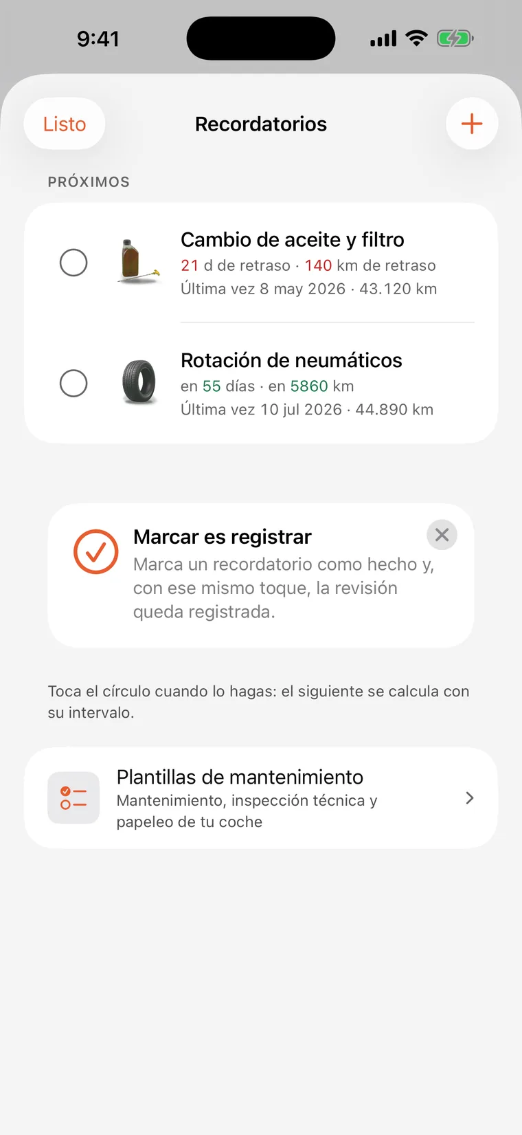 Recordatorios de SteerLog: cambio de aceite y filtro y rotación de neumáticos, cada uno con cuenta atrás en días y kilómetros.