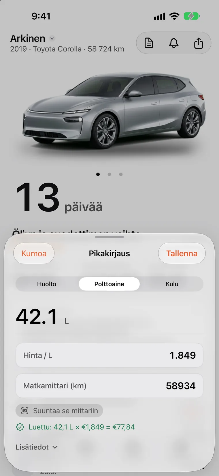 SteerLogin historia: tankkaukset, lataustapahtuma, rengaskierrätykset ja huollot yhdessä listassa, jokaisessa päivämäärä, matkamittarin lukema ja hinta.