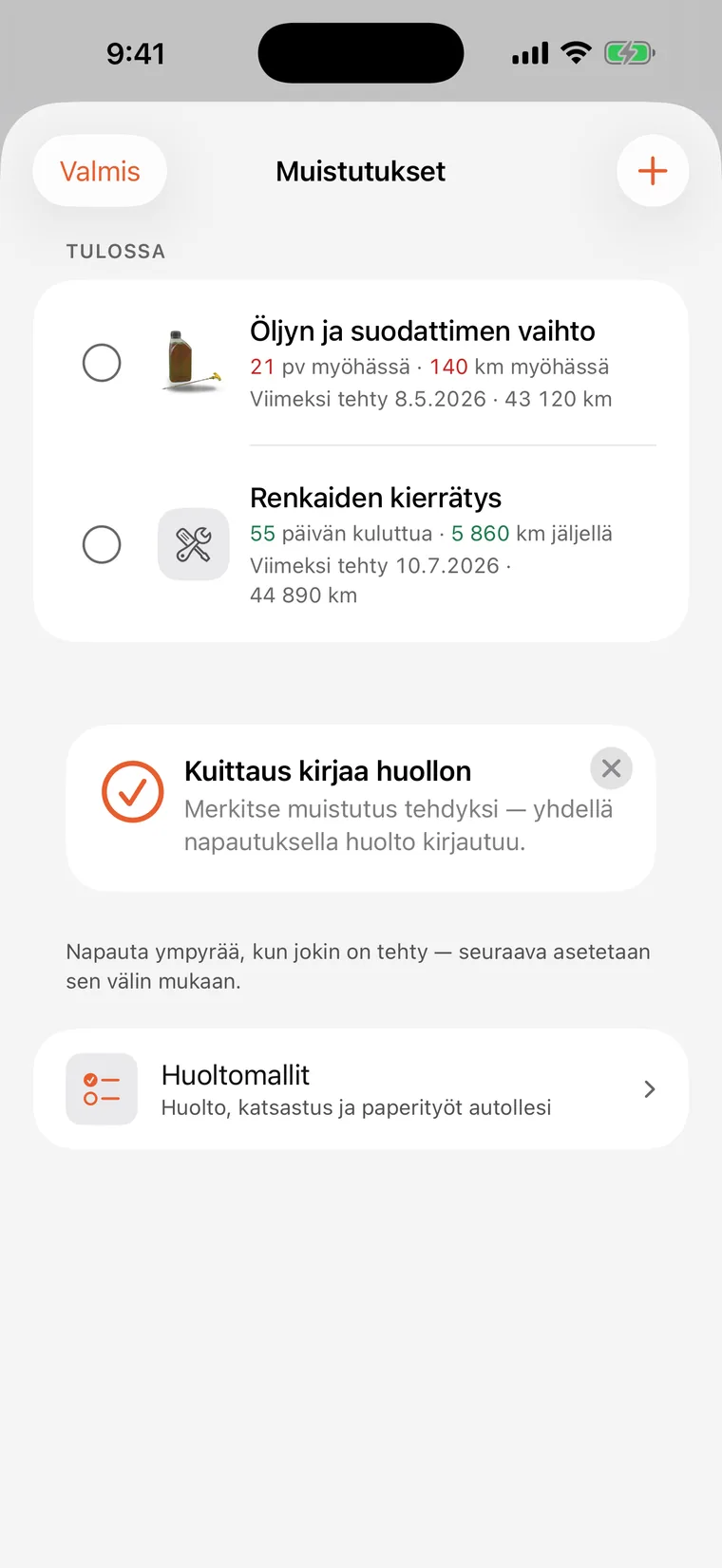 SteerLogin muistutukset: öljyn ja suodattimen vaihto sekä renkaiden kierrätys, molemmissa lähtölaskenta päivinä ja kilometreinä.
