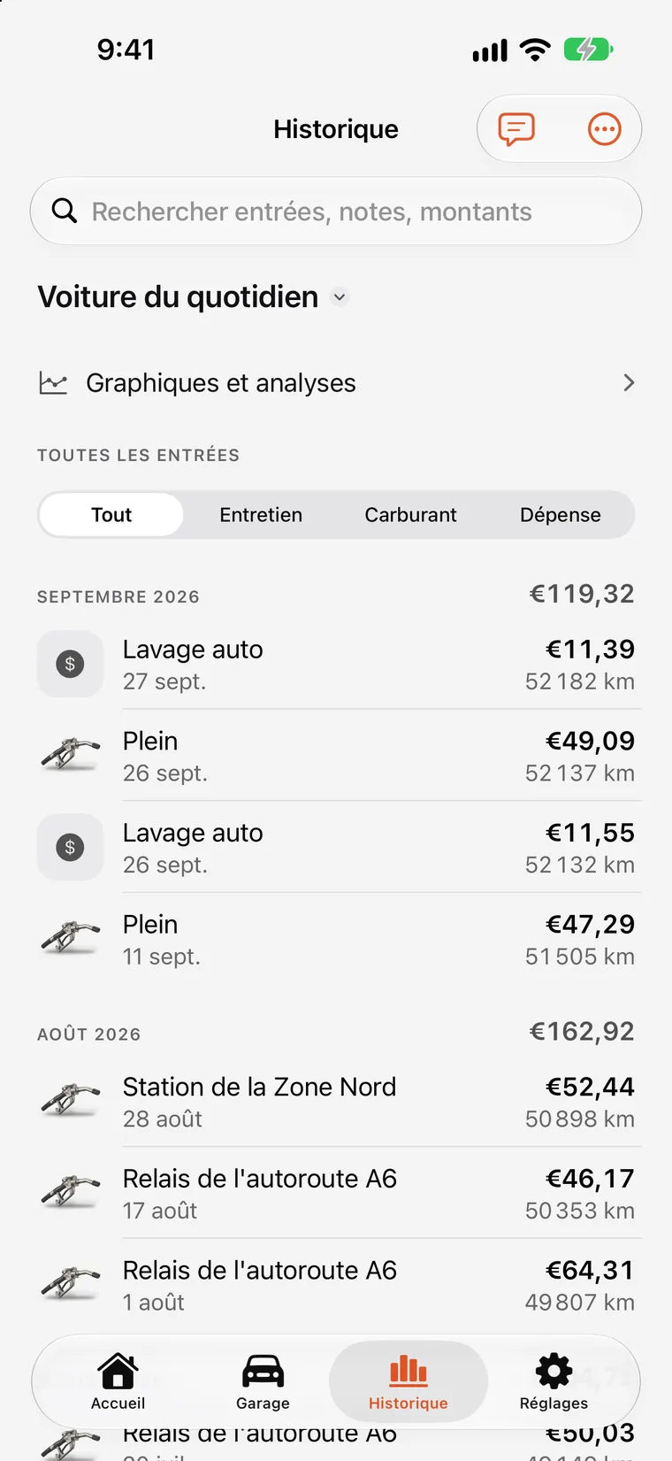 Graphiques SteerLog : barres de dépenses mensuelles et courbe de consommation construites à partir des entrées consignées.