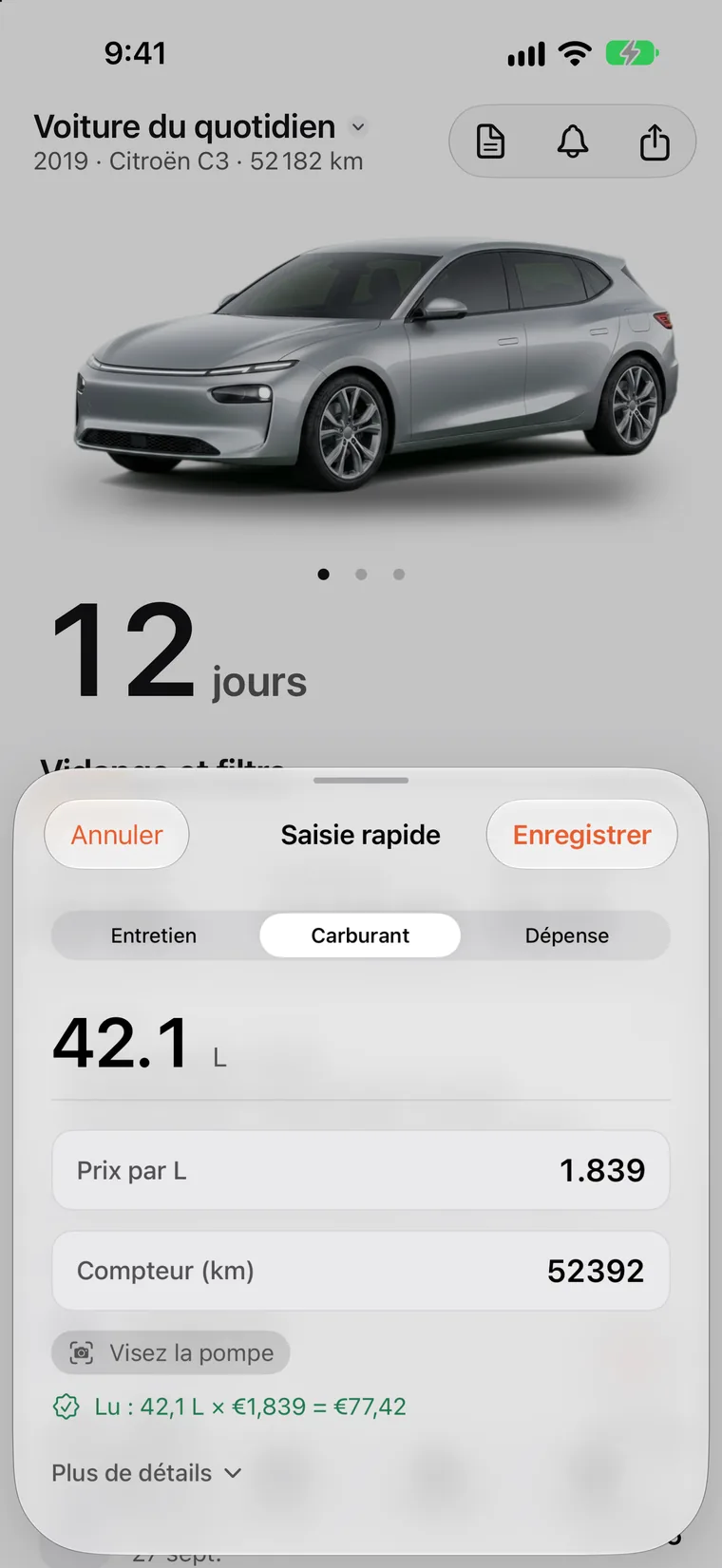 Historique SteerLog : pleins, une session de recharge, permutations et entretiens dans une seule liste, chacun avec date, kilométrage et coût.