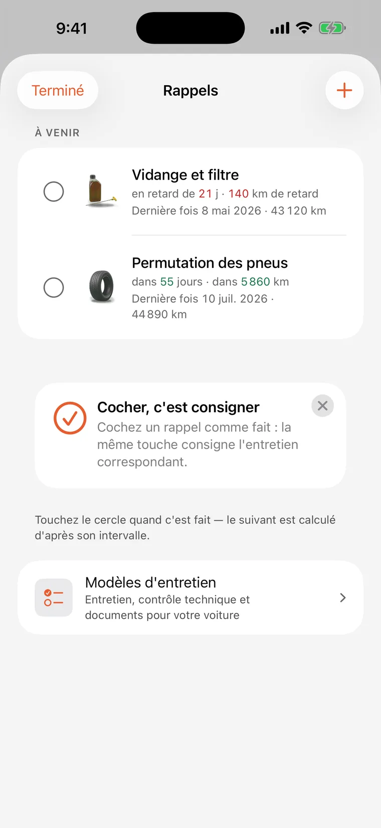 Rappels SteerLog : vidange et filtre et permutation des pneus, chacun avec un compte à rebours en jours et en kilomètres.