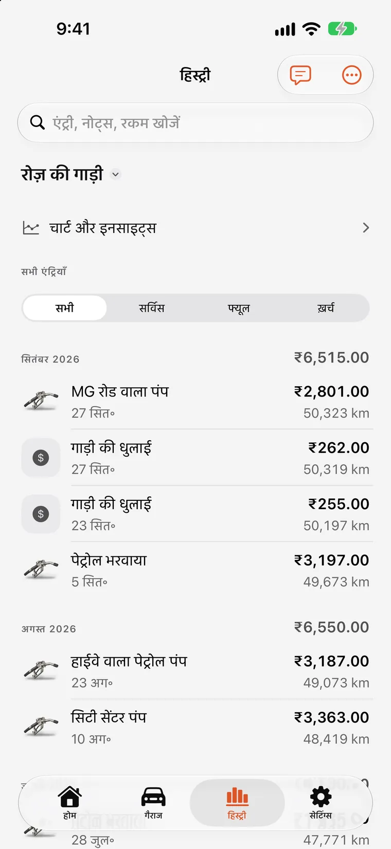 SteerLog चार्ट: लॉग की गई एंट्री से बने महीने के खर्च के बार और माइलेज की ट्रेंड लाइन।