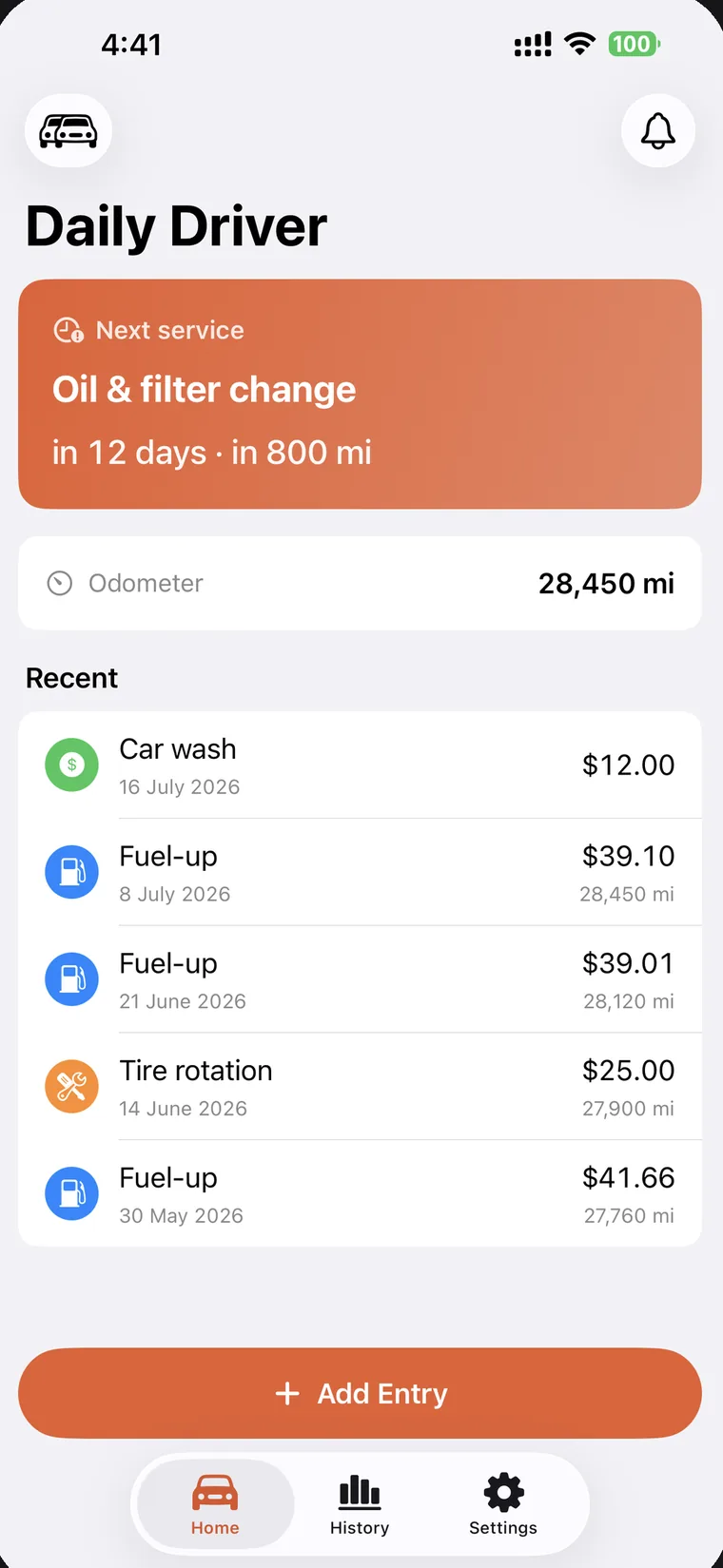 SteerLog home screen: Daily Driver with an oil and filter change due in 12 days or 800 miles, the odometer at 28,450 miles, and recent fuel-ups and services.