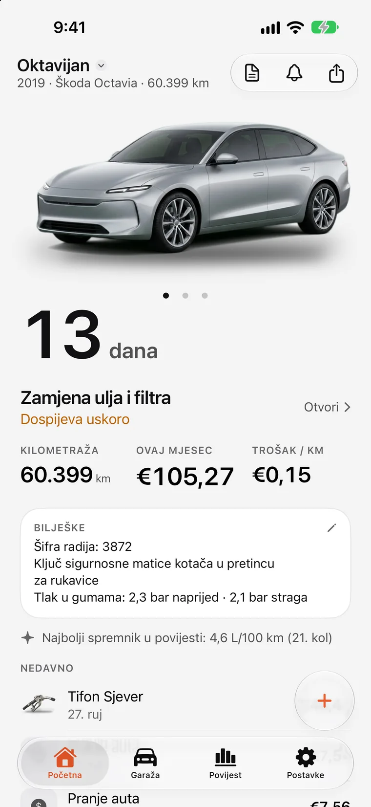 Početni zaslon SteerLoga: veliko odbrojavanje do sljedećeg servisa — zamjena ulja i filtra za 7 dana — iznad auta, njegove kilometraže i najnovijih točenja goriva i servisa.