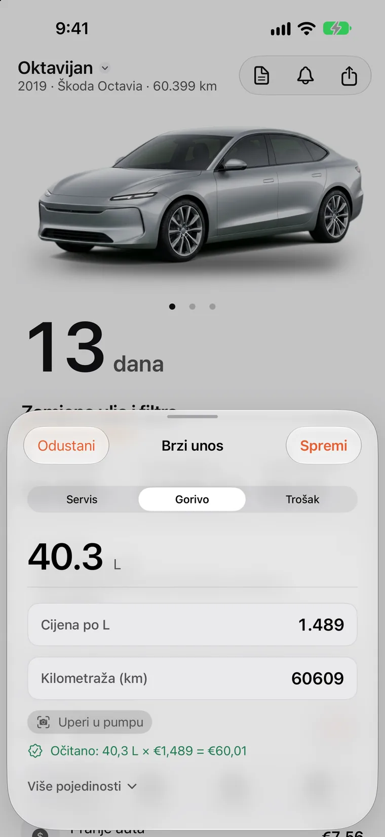 Povijest u SteerLogu: točenja goriva, punjenje, zamjene guma i servisi u jednom popisu, svaki s datumom, kilometražom i cijenom.