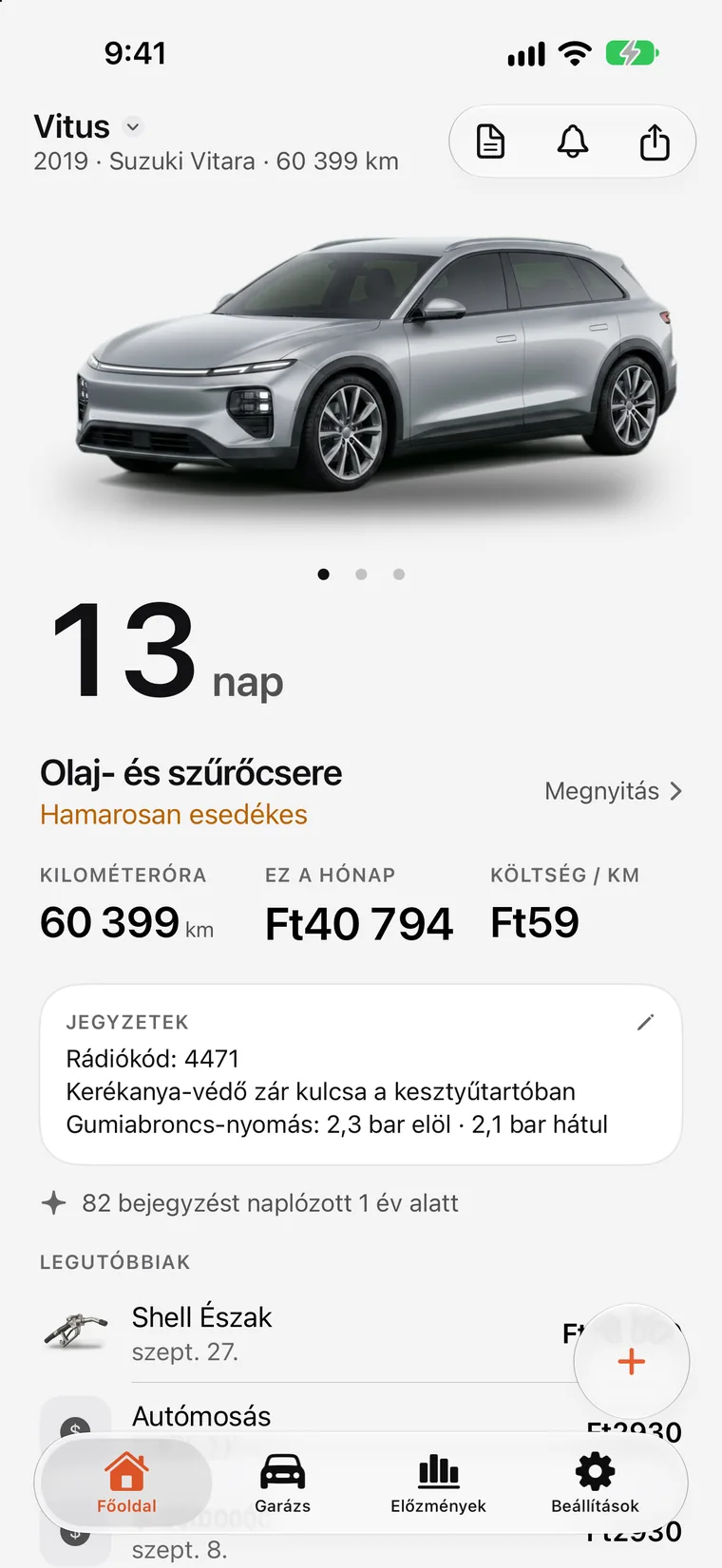 A SteerLog főképernyője: nagy visszaszámlálás a következő szervizig — olaj- és szűrőcsere 7 nap múlva —, felette az autóval, a kilométeróra-állásával és a legutóbbi tankolásokkal és szervizekkel.