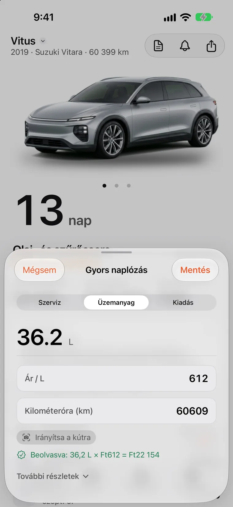 SteerLog-előzmények: tankolások, egy töltési munkamenet, gumiforgatások és szervizek egyetlen listában, mindegyik dátummal, kilométeróra-állással és összeggel.
