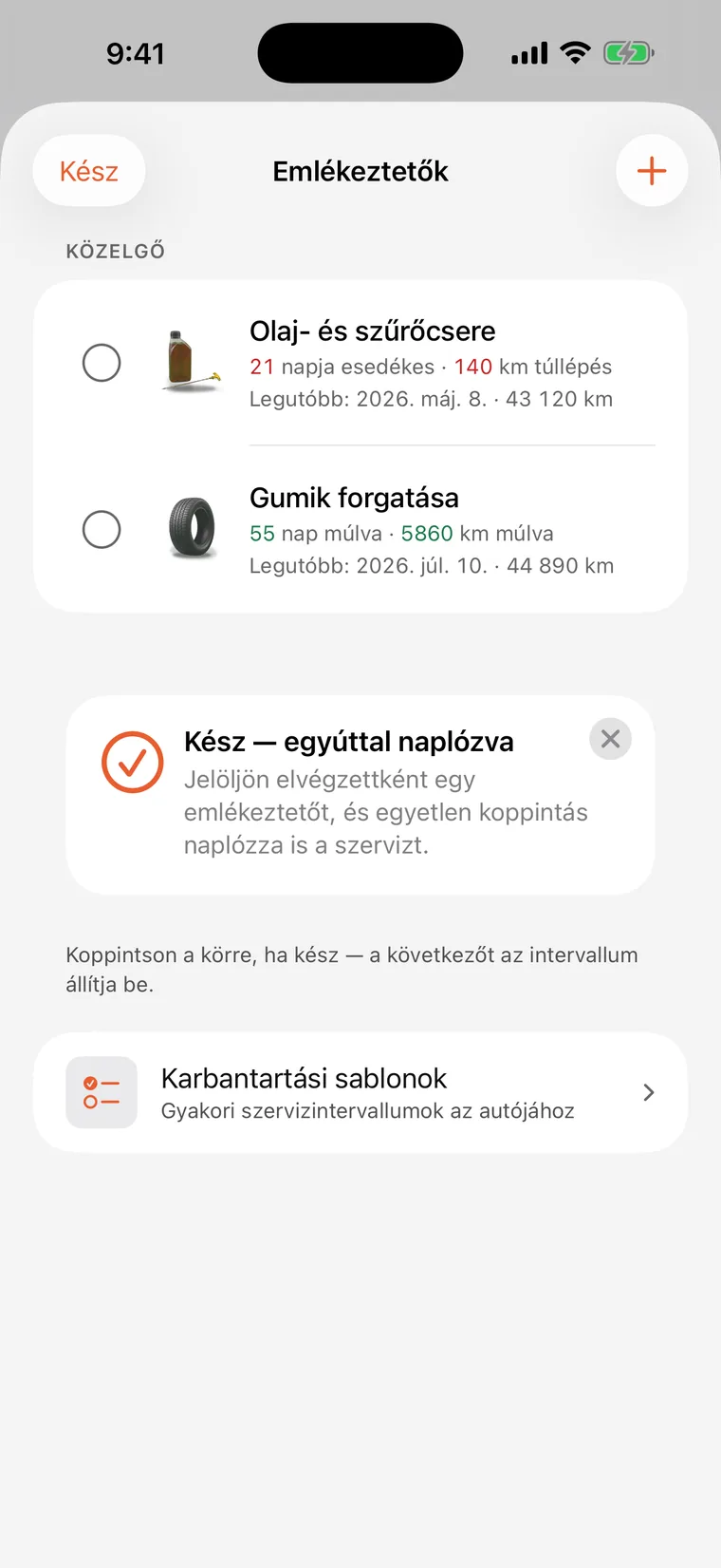 SteerLog-emlékeztetők: olaj- és szűrőcsere, valamint gumiforgatás, mindkettő napokban és kilométerben visszaszámlálva.