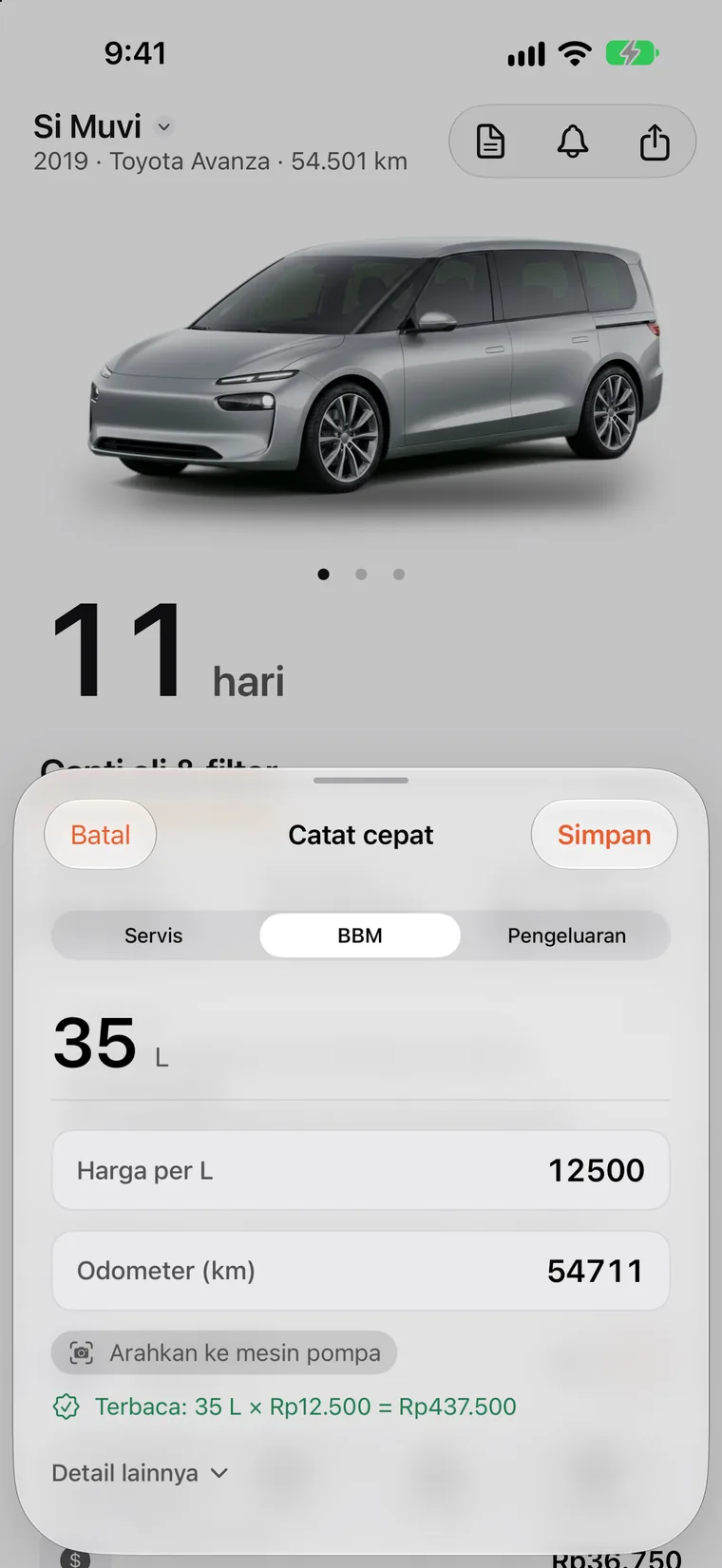 Riwayat SteerLog: isi BBM, sesi pengisian daya, rotasi ban, dan servis dalam satu daftar, masing-masing dengan tanggal, odometer, dan biaya.