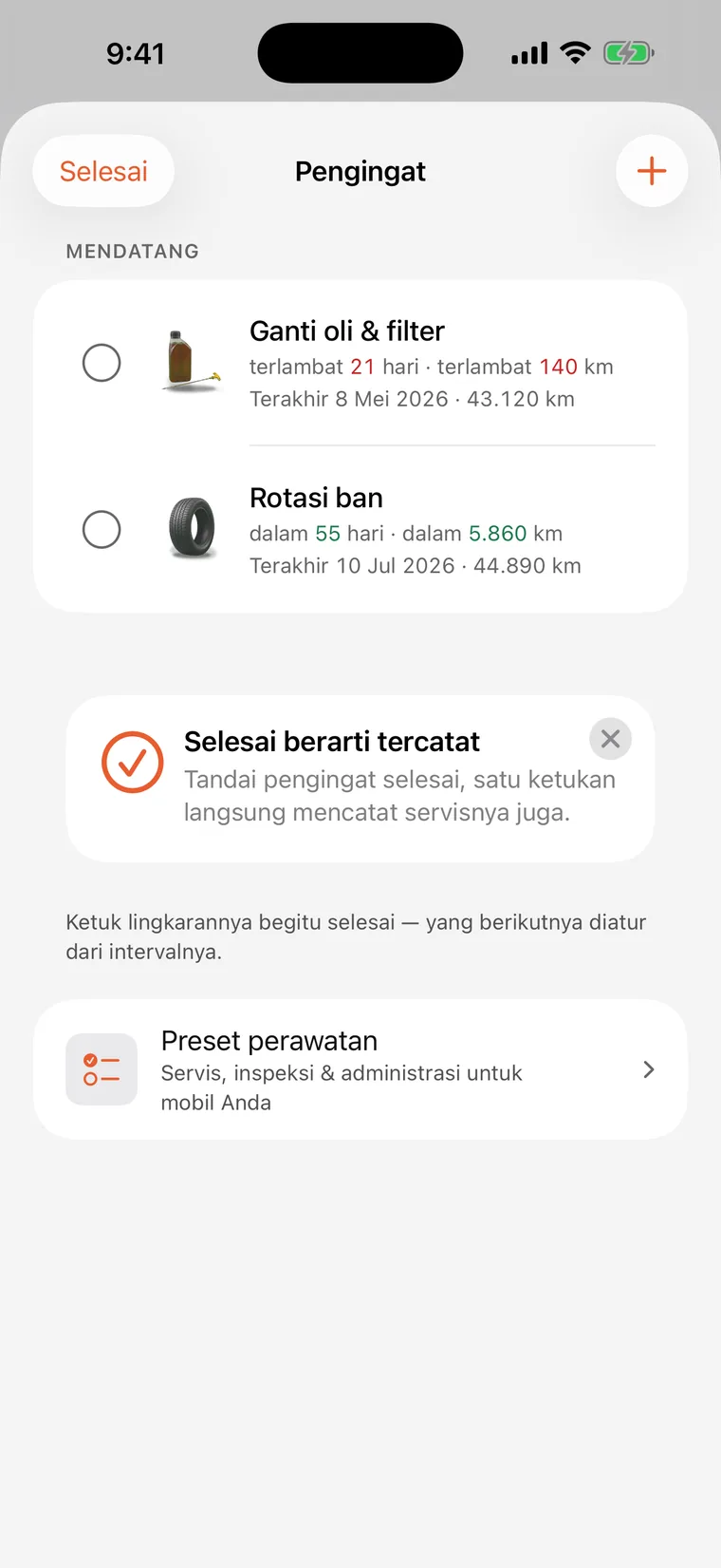 Pengingat SteerLog: ganti oli dan filter serta rotasi ban, masing-masing menghitung mundur dalam hari dan kilometer.