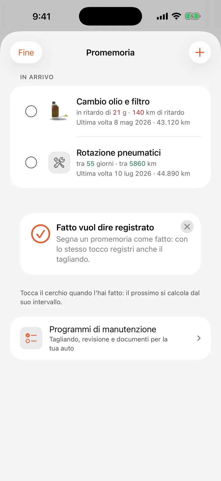 Promemoria SteerLog: cambio olio e filtro e rotazione pneumatici, ciascuno con conto alla rovescia in giorni e chilometri.