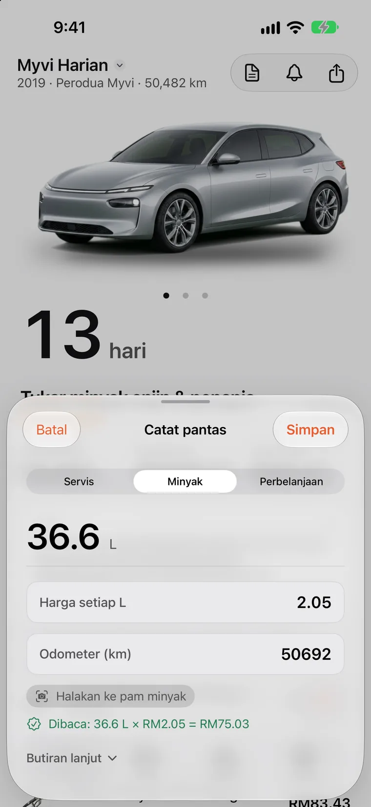 Sejarah SteerLog: isi minyak, satu sesi pengecasan, rotasi tayar dan servis dalam satu senarai, setiap satu dengan tarikh, odometer dan kos.