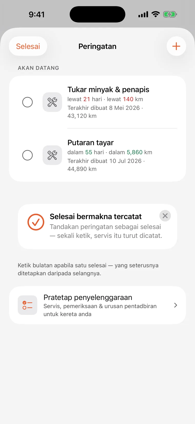 Peringatan SteerLog: tukar minyak dan penapis serta rotasi tayar, setiap satu mengira detik dalam hari dan kilometer.