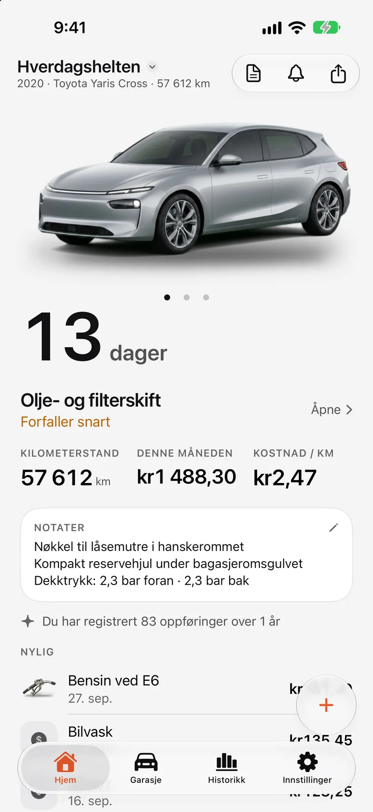 SteerLogs hjemskjerm: en stor nedtelling til neste service — olje- og filterskift om 7 dager — over bilen, kilometertelleren og de siste fyllingene og servicene.