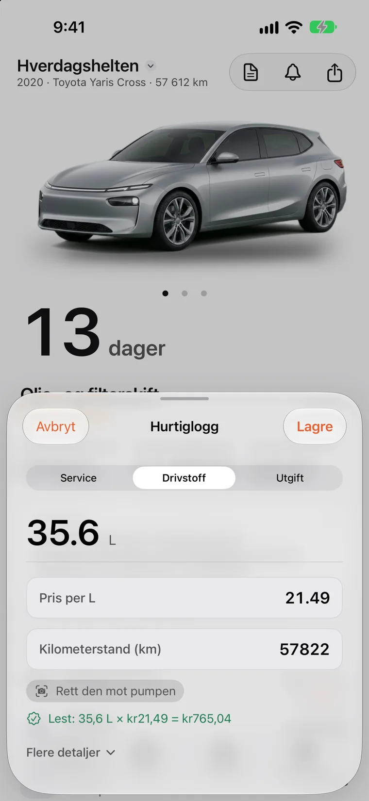 SteerLogs historikk: fyllinger, en lading, hjulskift og servicer i én liste, hver med dato, kilometerstand og kostnad.