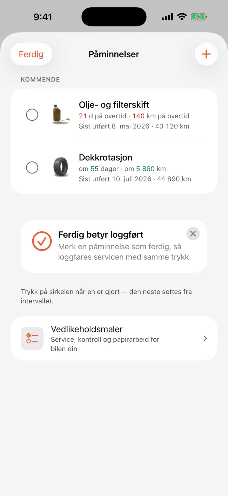 SteerLogs påminnelser: olje- og filterskift og hjulskift, hver med nedtelling i dager og kilometer.