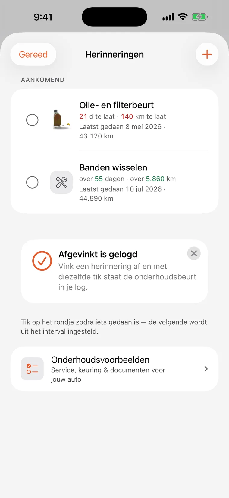 SteerLog-herinneringen: oliebeurt met filter en banden wisselen, elk met een aftelling in dagen en kilometers.