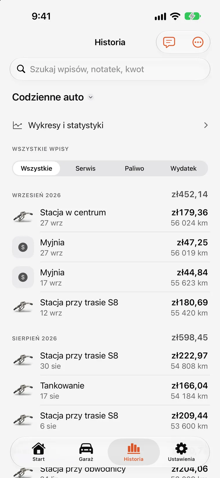Wykresy SteerLog: słupki miesięcznych wydatków i linia trendu spalania zbudowane z zapisanych wpisów.