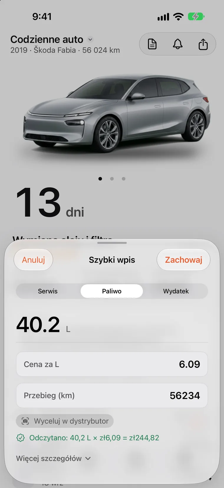 Historia w SteerLog: tankowania, sesja ładowania, rotacje opon i serwisy w jednej liście, każdy z datą, przebiegiem i kosztem.