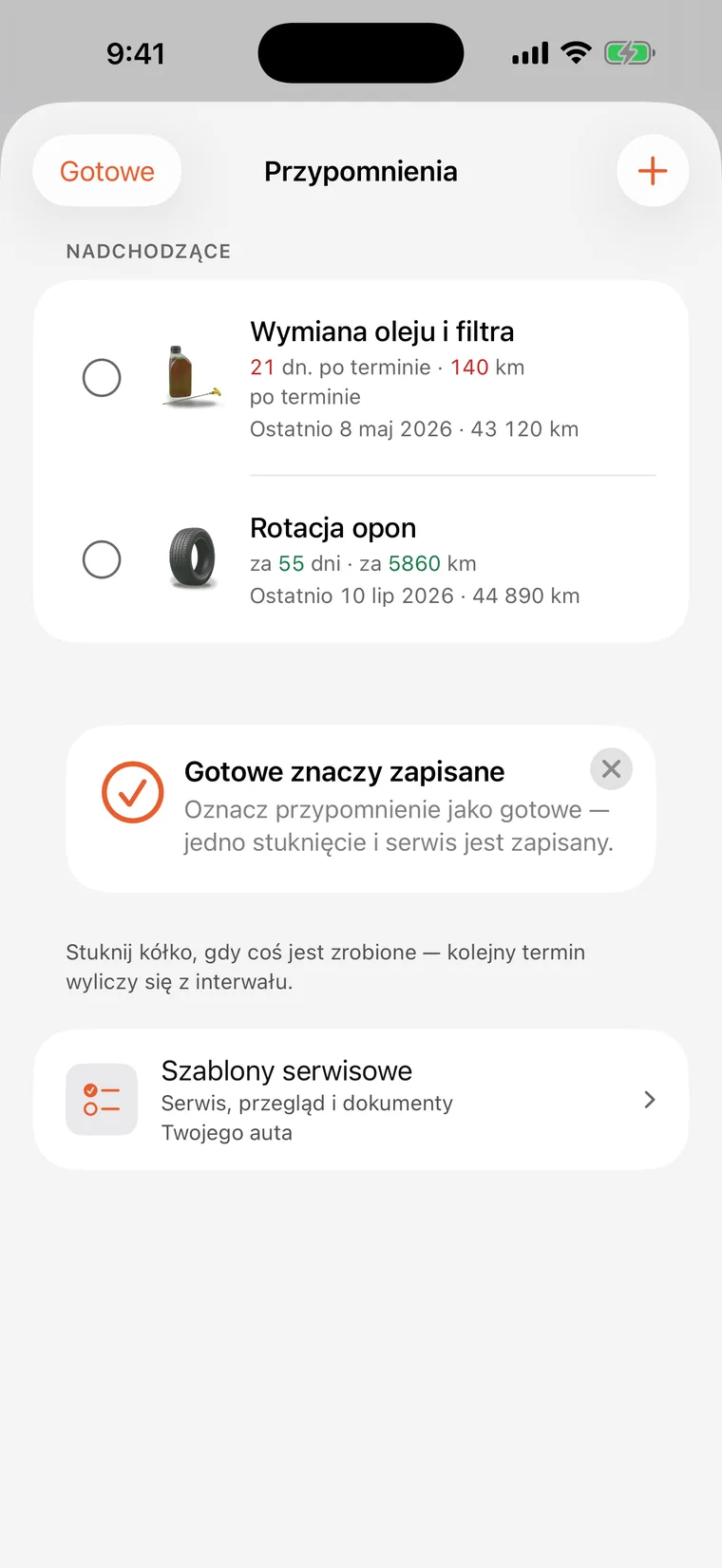 Przypomnienia SteerLog: wymiana oleju i filtra oraz rotacja opon, każde z odliczaniem w dniach i kilometrach.