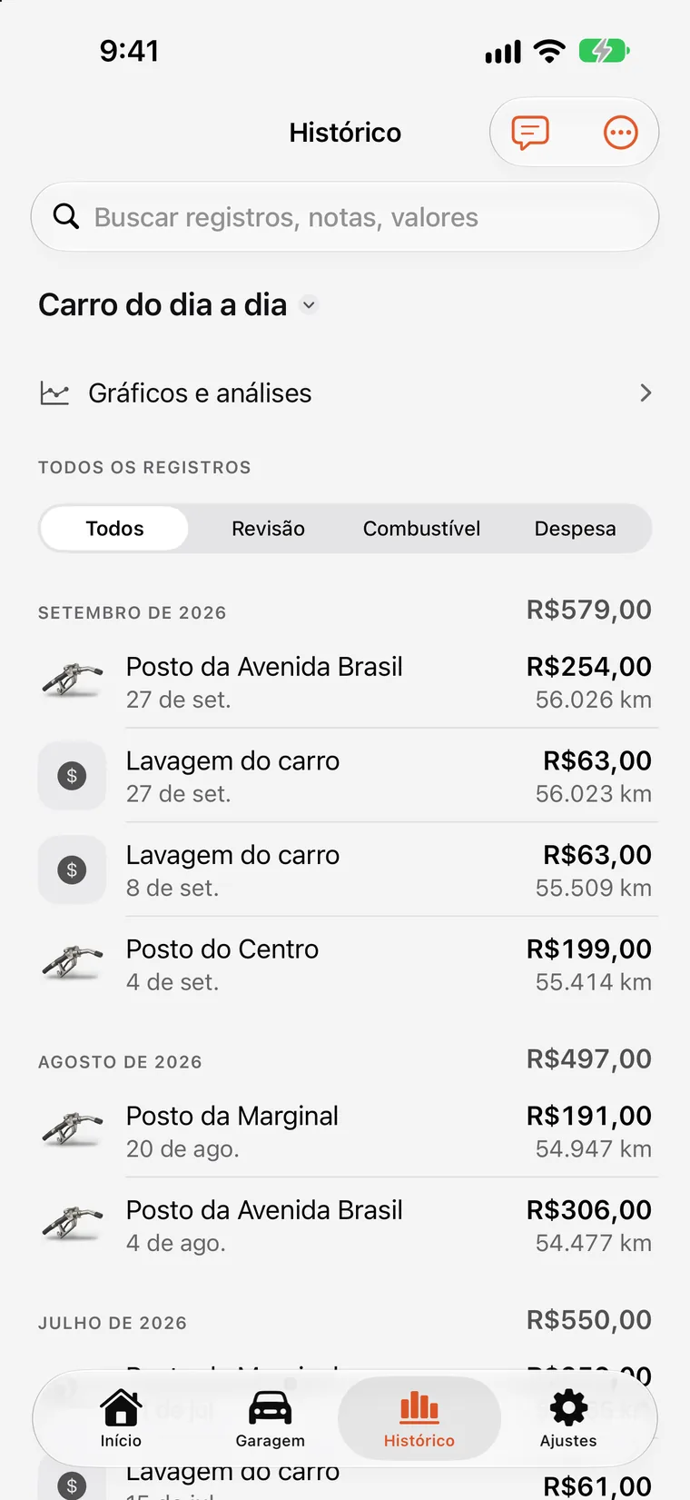 Gráficos do SteerLog: barras de gasto mensal e linha de tendência do consumo, criados a partir dos registros.
