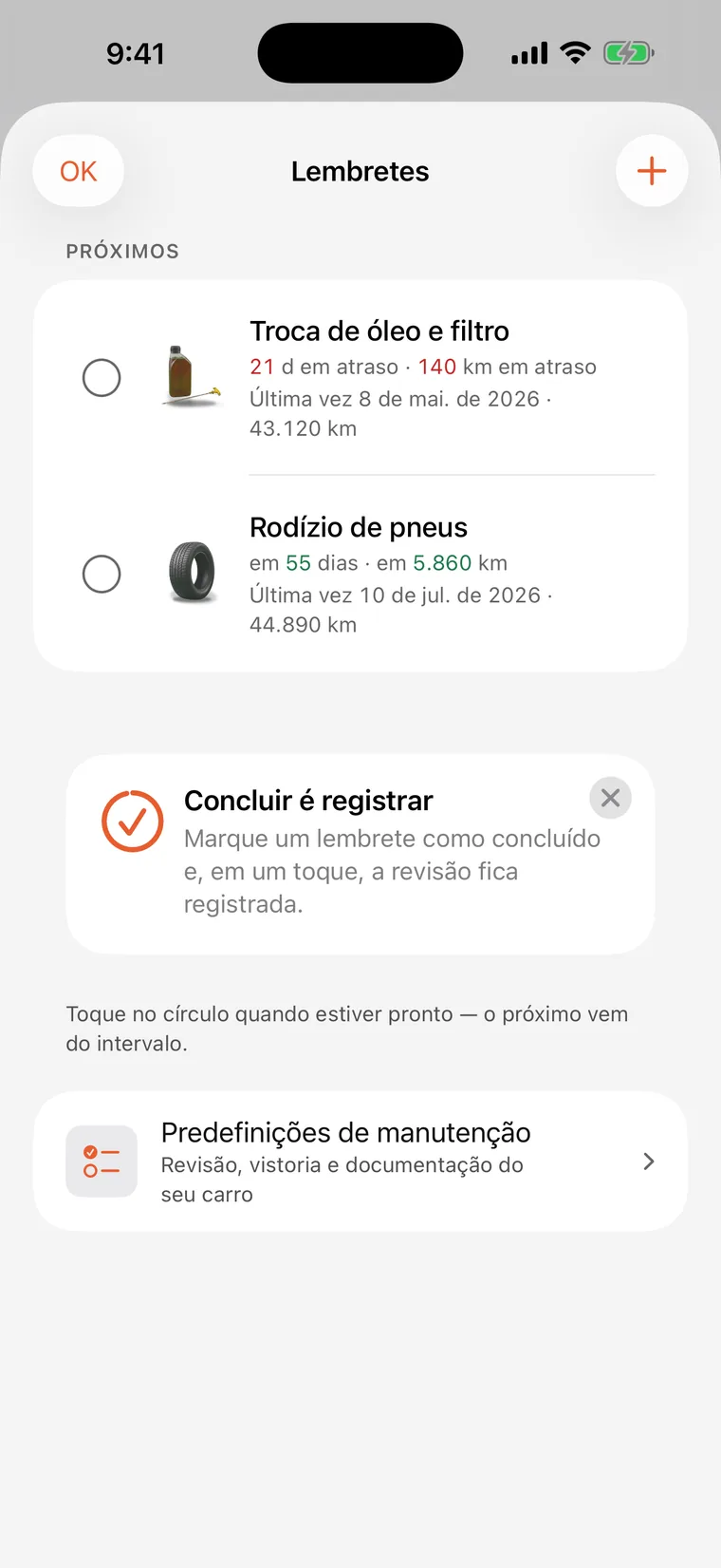Lembretes do SteerLog: troca de óleo e filtro e rodízio de pneus, cada um com contagem regressiva em dias e quilômetros.