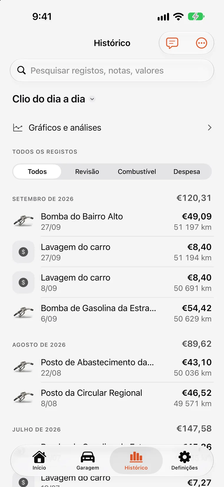 Gráficos do SteerLog: barras de despesa mensal e linha de tendência do consumo construídas com as entradas registadas.