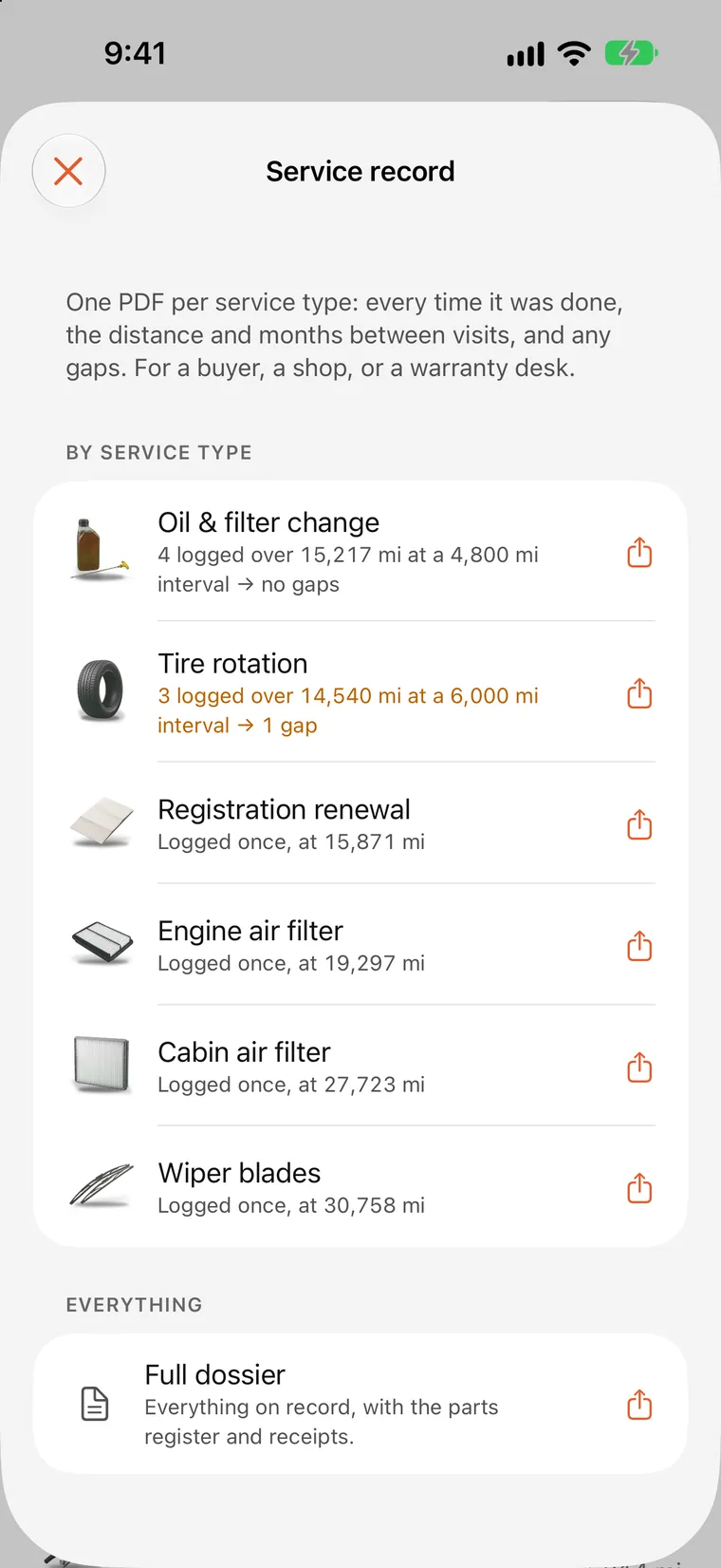 SteerLog's printable Service record for one job, with the date, odometer, cost, and any gap marked in red.
