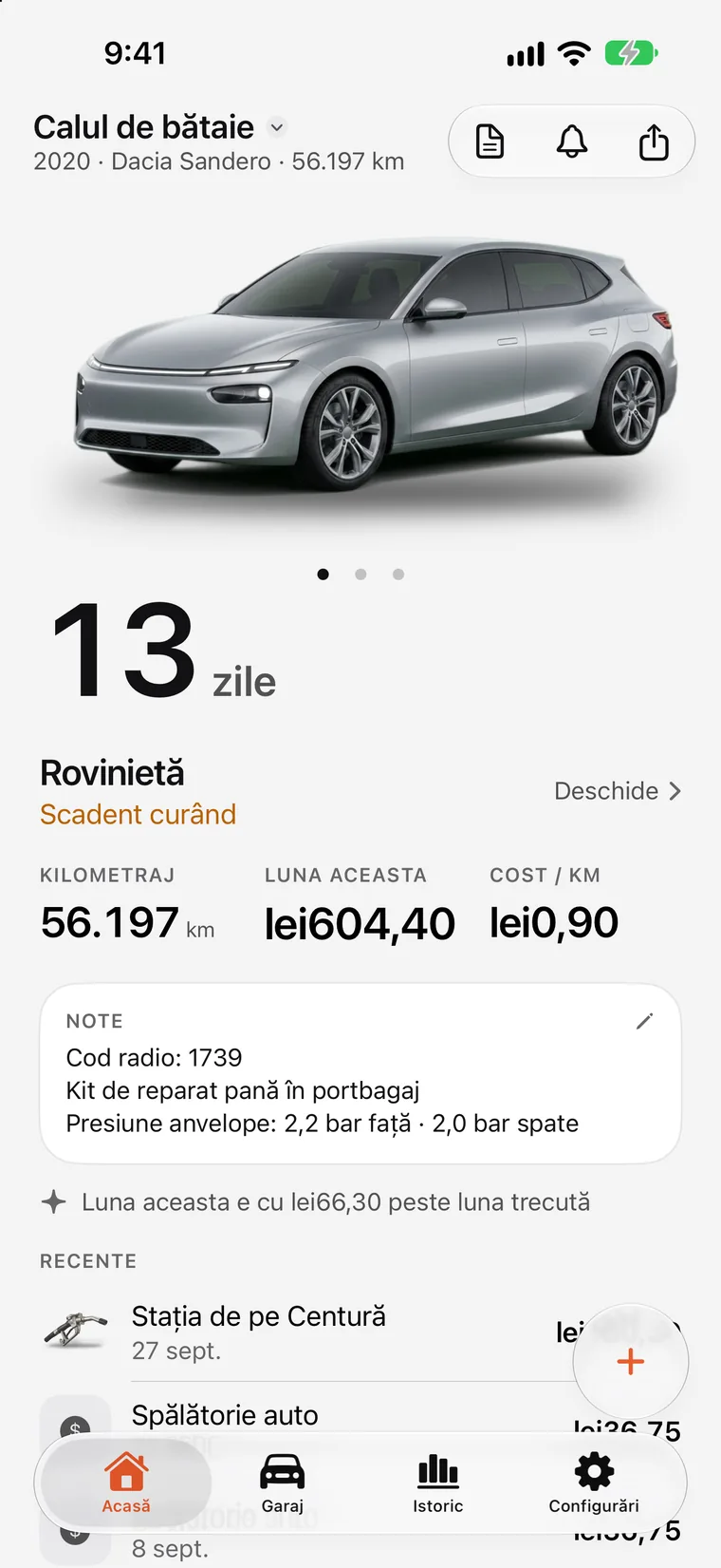 Ecranul principal SteerLog: o numărătoare inversă mare până la următoarea revizie — schimb de ulei și filtru în 7 zile — deasupra mașinii, kilometrajului ei și celor mai recente alimentări și revizii.