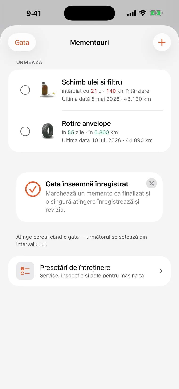 Mementouri SteerLog: schimb de ulei și filtru și rotirea anvelopelor, fiecare numărând invers în zile și kilometri.