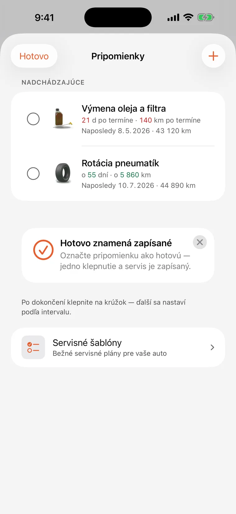 Pripomienky SteerLog: výmena oleja a filtra a rotácia pneumatík, každá s odpočtom v dňoch a kilometroch.