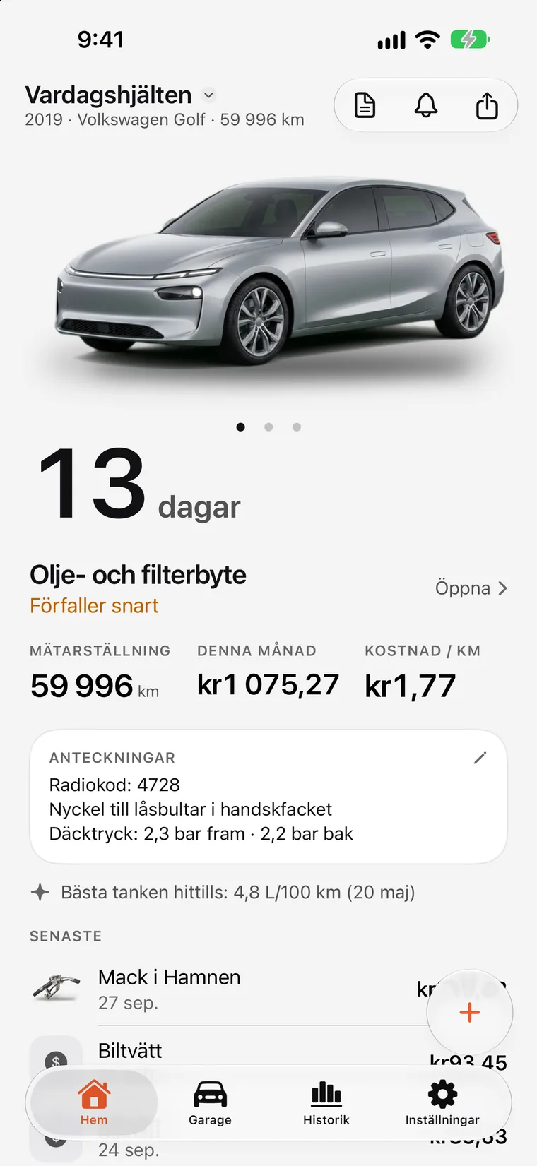 SteerLogs hemskärm: en stor nedräkning till nästa service — olje- och filterbyte om 7 dagar — ovanför bilen, dess mätarställning och de senaste tankningarna och servicetillfällena.