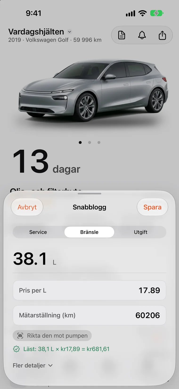 SteerLogs historik: tankningar, en laddning, hjulskiften och servicetillfällen i en lista, var och en med datum, mätarställning och kostnad.