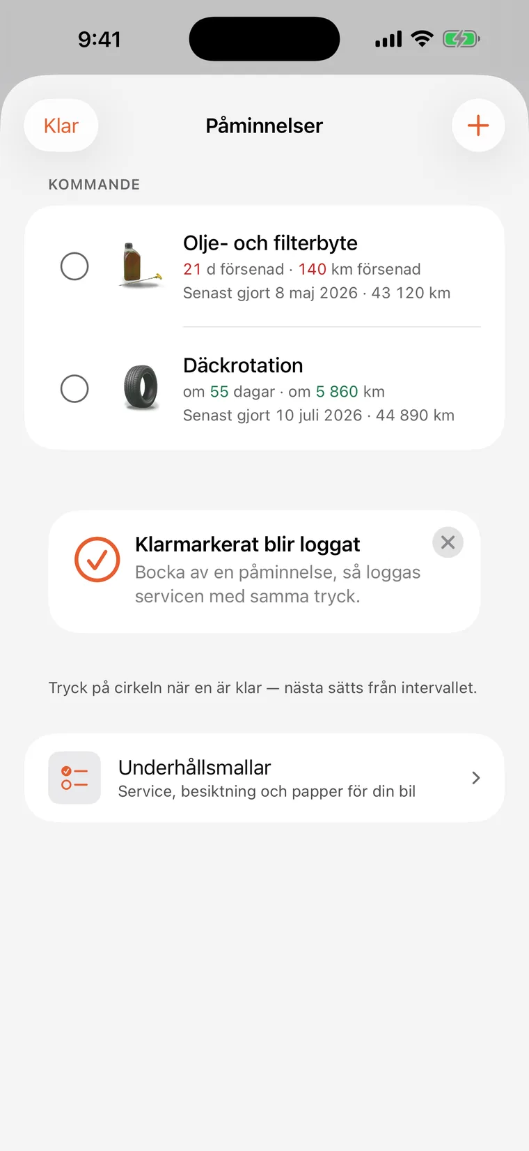 SteerLogs påminnelser: olje- och filterbyte och hjulskifte, båda med nedräkning i dagar och kilometer.
