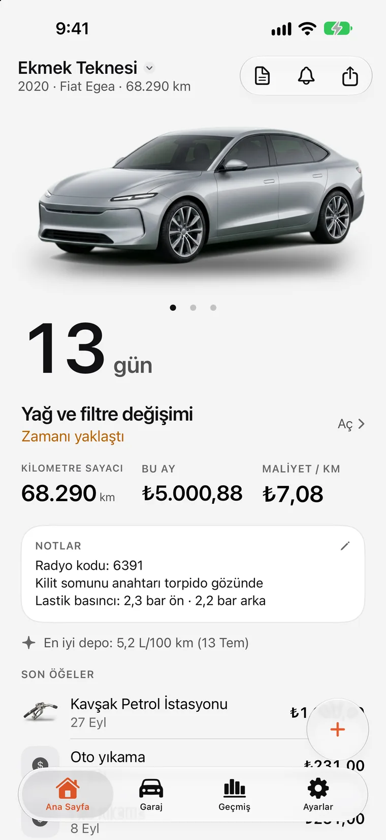 SteerLog ana ekranı: bir sonraki bakıma büyük bir geri sayım — 7 gün içinde yağ ve filtre değişimi — aracın, kilometre sayacının ve son yakıt alımları ile bakımların üzerinde.
