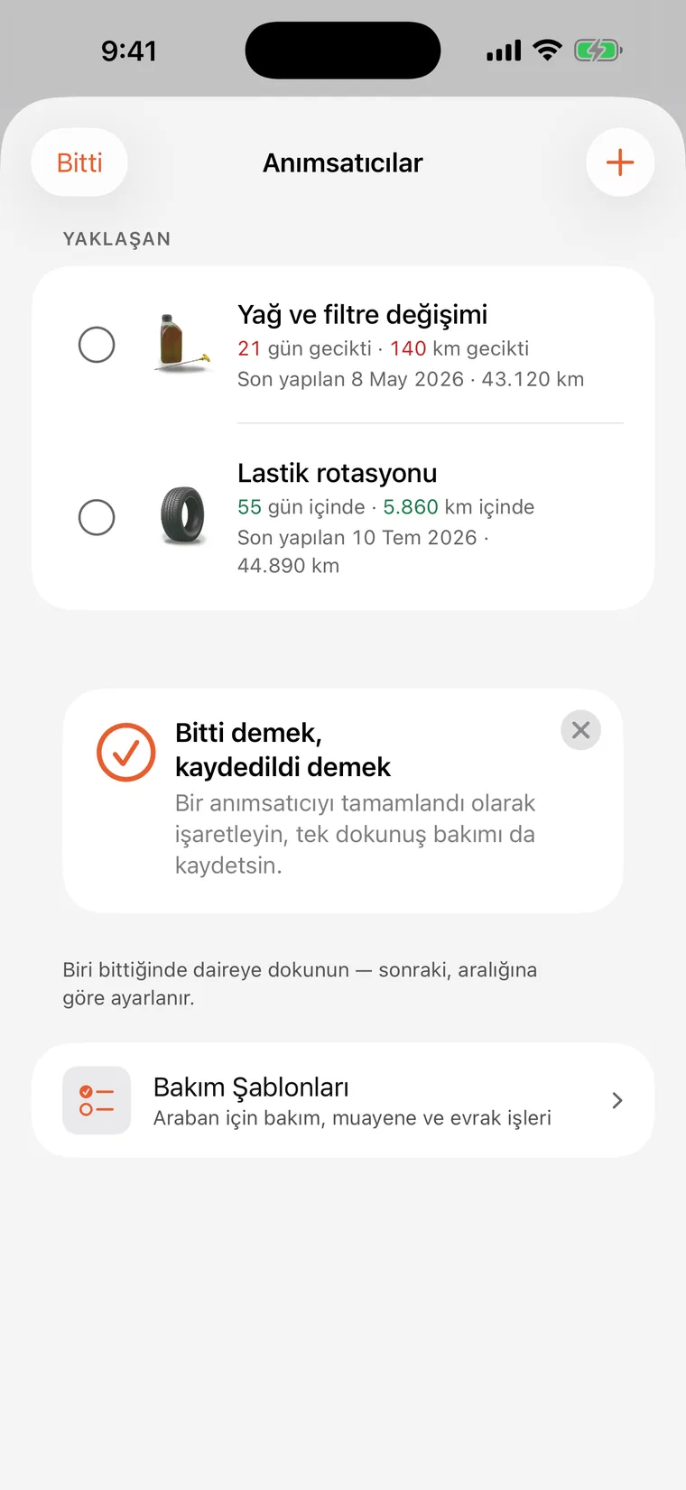 SteerLog hatırlatıcıları: yağ ve filtre değişimi ile lastik rotasyonu, her biri gün ve kilometre olarak geri sayıyor.